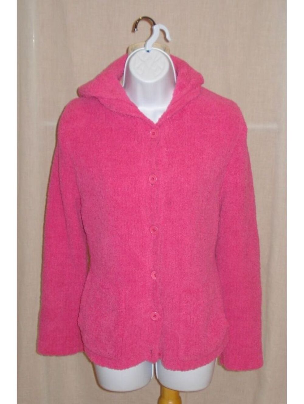 Y2K Natori Chenille Pink Button Up Hooded Women's Cardigan / Sweater / Jkt Sz L